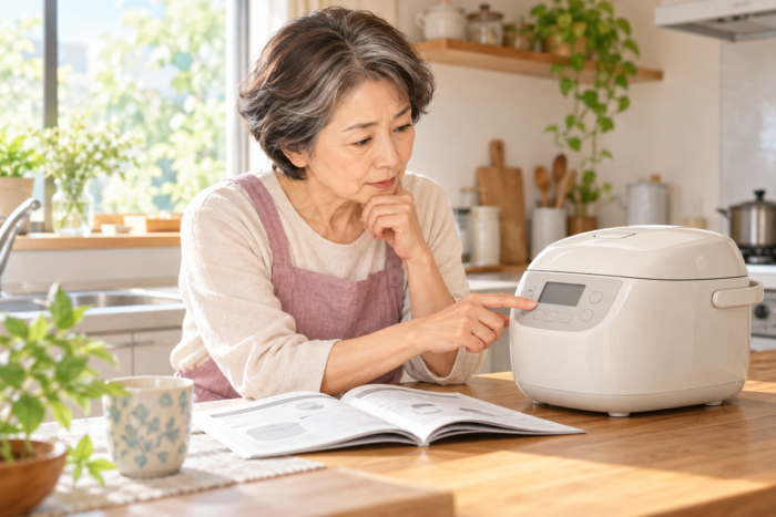 炊飯器の保温表示と取扱説明書を確認する女性