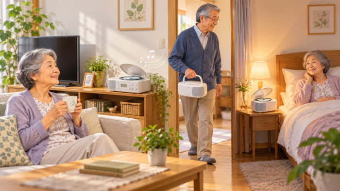 高齢者が生活の中でCDプレーヤーを使う場面のイメージ