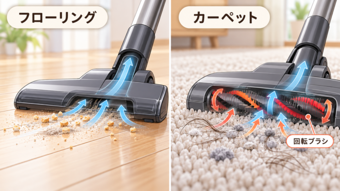 フローリングのホコリを吸い込む場合とカーペットの毛を回転ブラシでかき出す場合の違いを示す図
