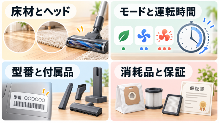 ネット通販で掃除機を選ぶ際に床材とヘッド・運転時間・型番と付属品・消耗品と保証を確認する図