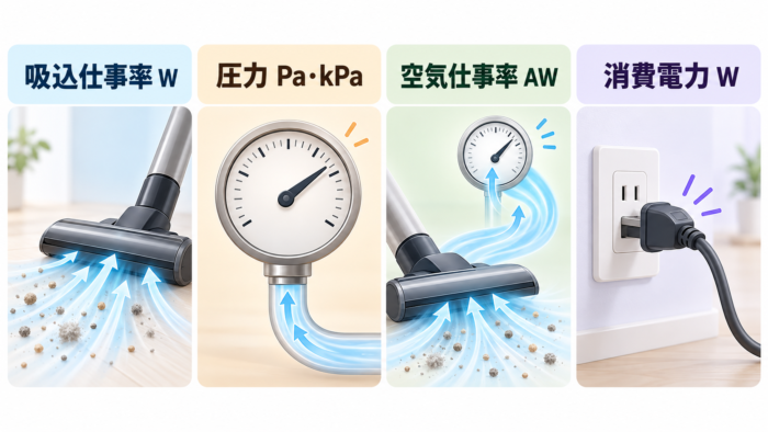 掃除機の吸込仕事率Wと圧力Pa・空気仕事率AW・消費電力Wの違いを示す図