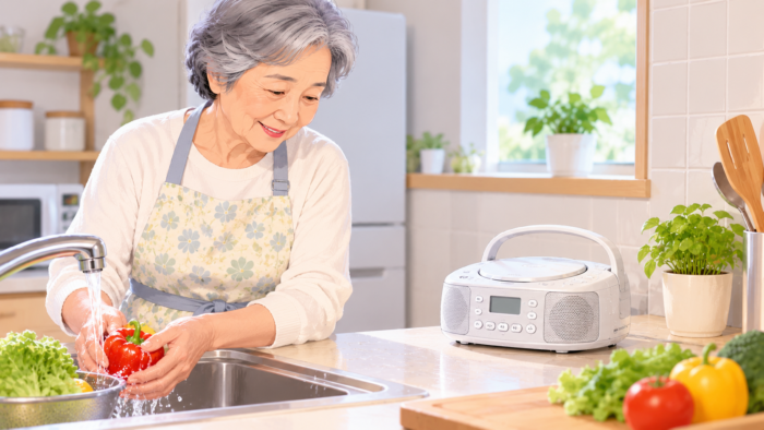 キッチンで防水CDラジオを使うイメージ